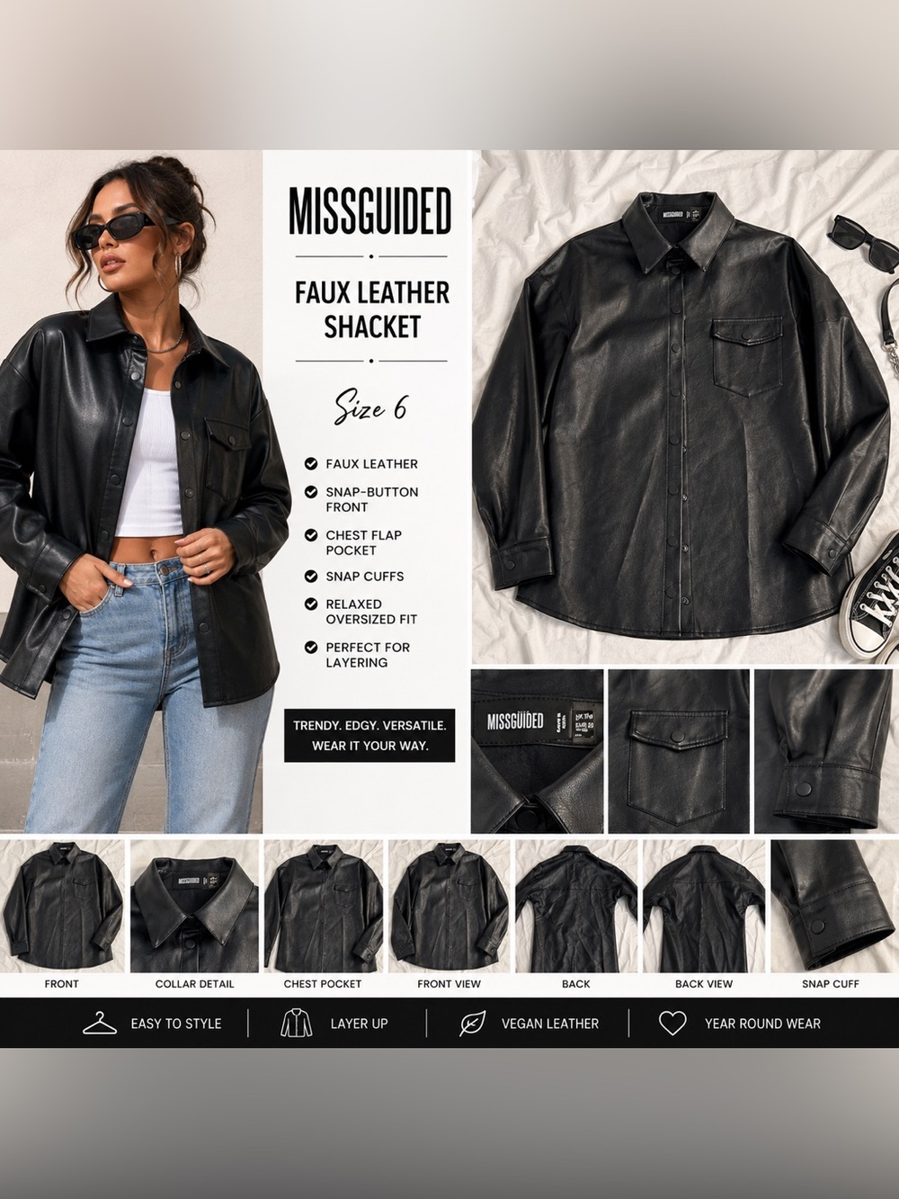 Missguided Black Faux Leather Shacket Shirt Jacket Size 6